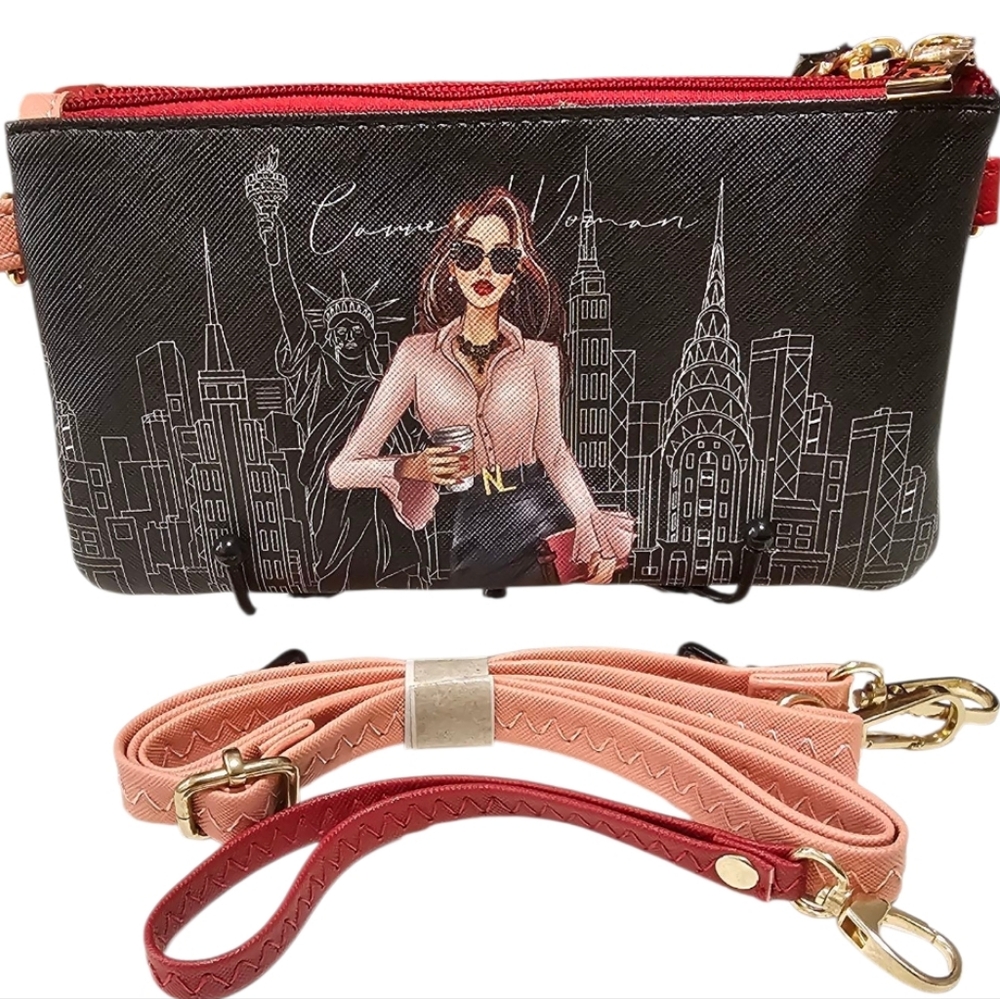 NICOLE LEE Career Woman Collection Black and Pink NY Cityscape Clutch/Crossbody